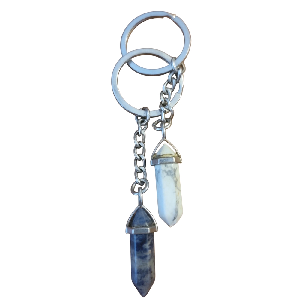 Silver Keychain with Blue and White Crystal Charms.